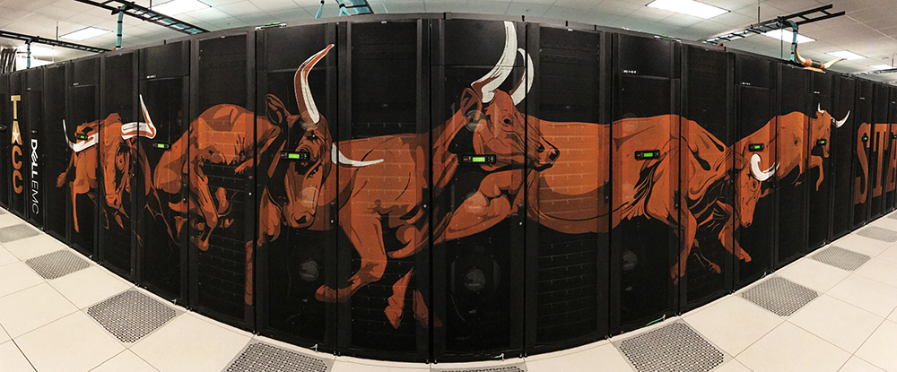 Servers in a data center with Longhorns painted over them
